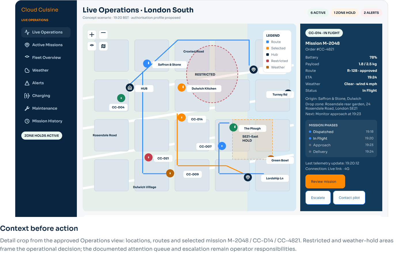 Панель управления флотом Live Operations, Южный Лондон: карта миссий с маршрутами и зонами и панель выбранной миссии