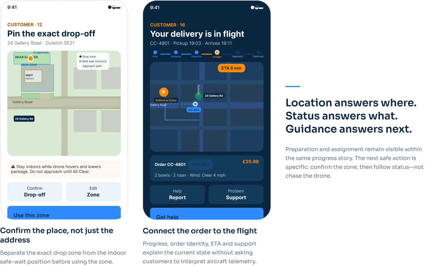 Two customer app screens: pinning the exact drop-off point, and the order in flight with progress and arrival time