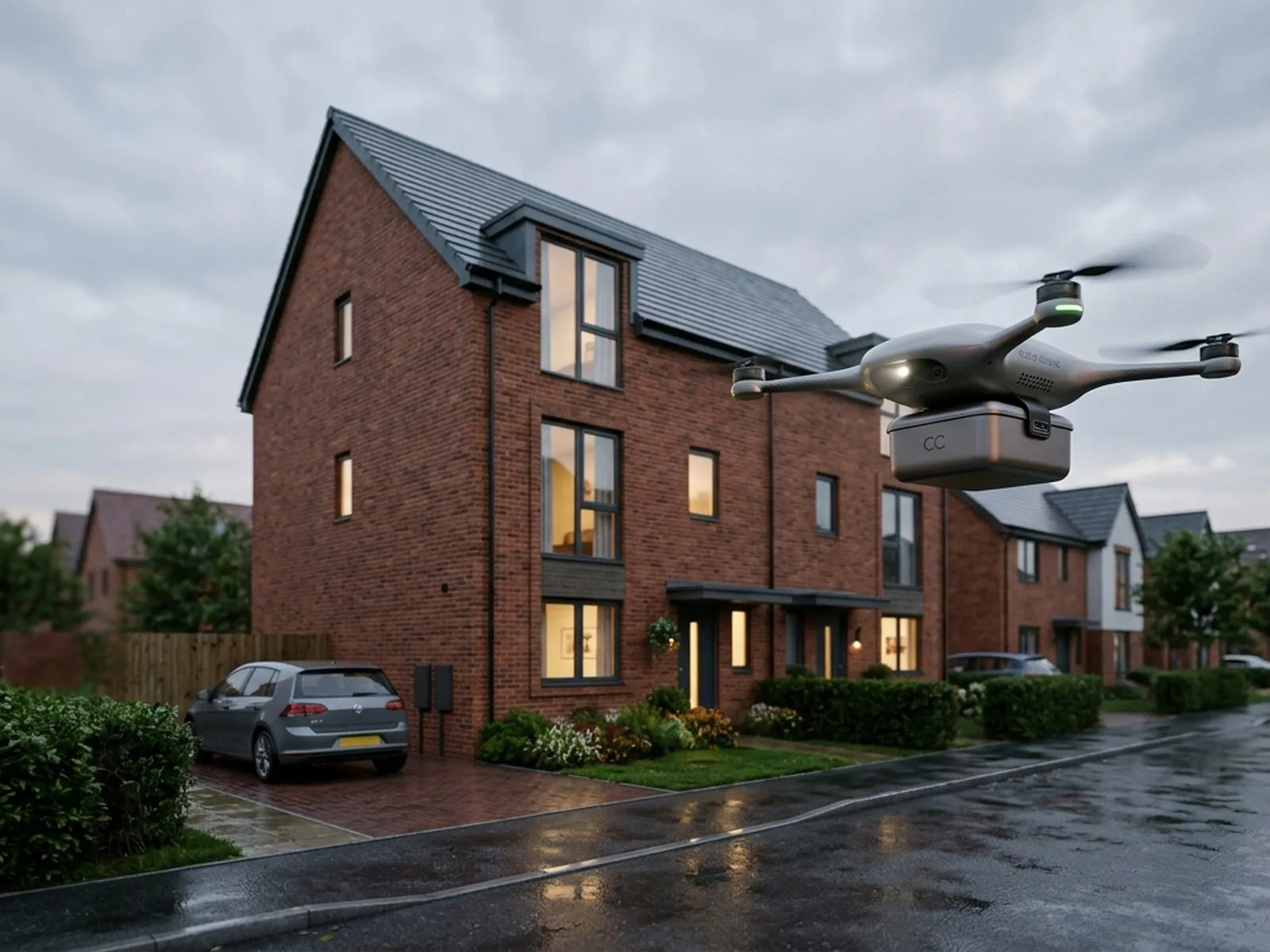 Drone flying past brick houses