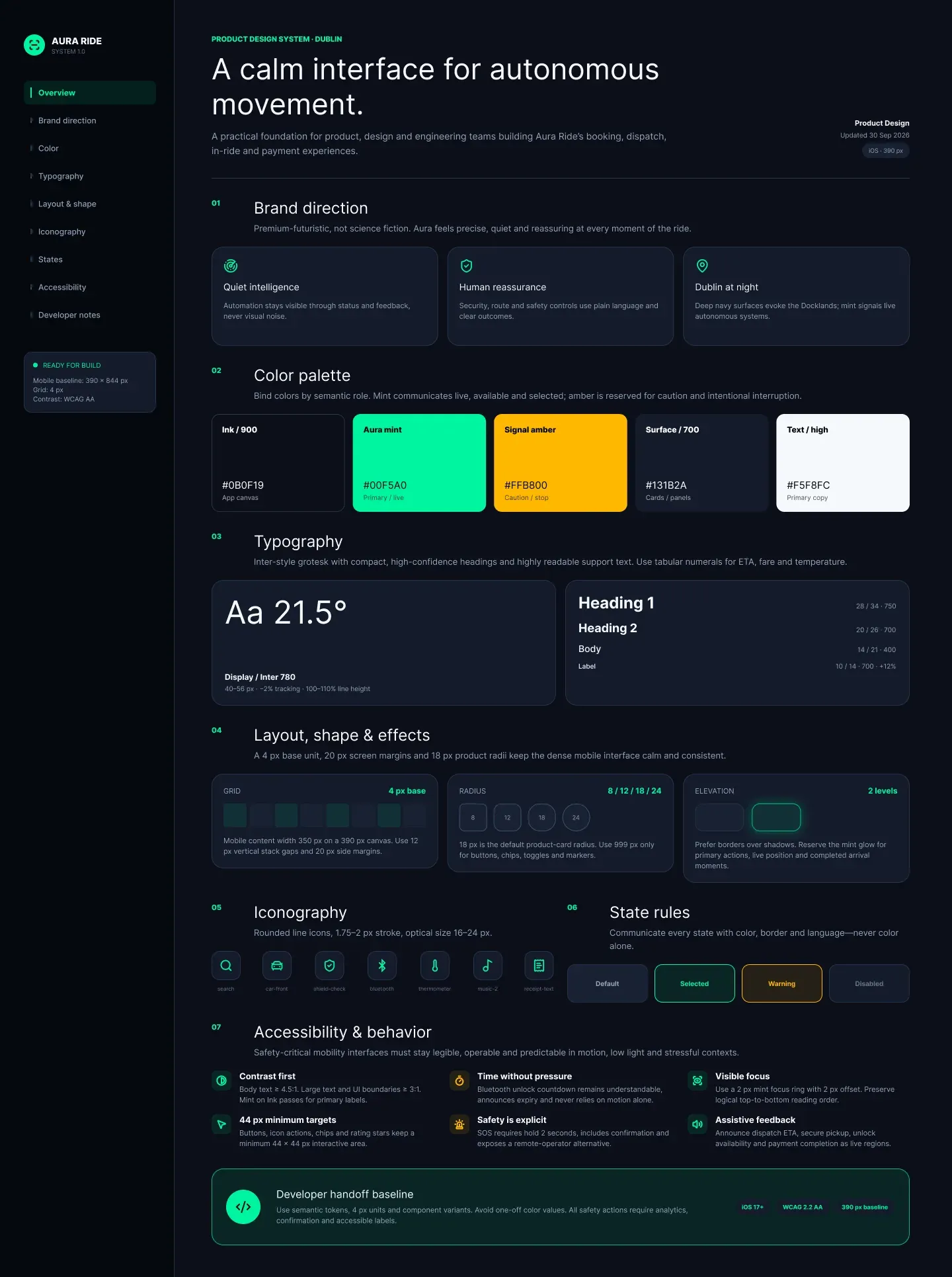 Aura Ride design documentation: brand direction, colour palette, typography, layout and accessibility rules