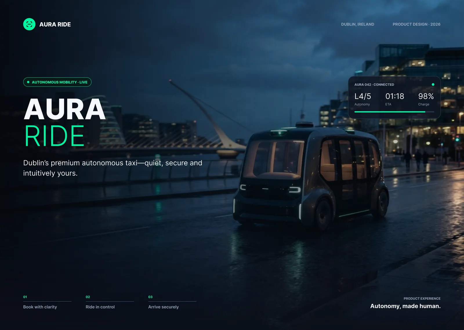 Aura Ride cover: a driverless taxi on a Dublin quay at night