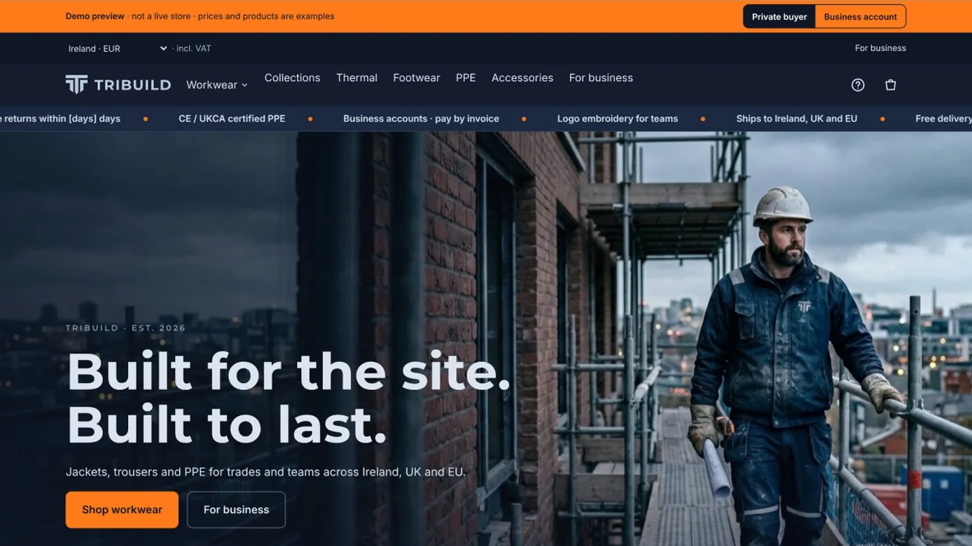 Главная TRIBUILD: «Built for the site. Built to last.», рабочий на строительных лесах и переключатель режима покупки