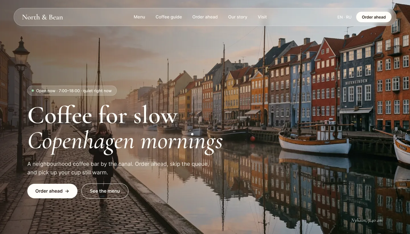 Главная North & Bean Website 2.0: «Coffee for slow Copenhagen mornings» на фоне канала Нюхавн