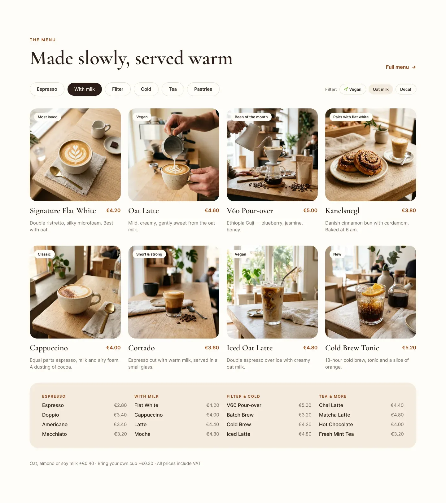 Website 2.0 menu with drink categories, photos and prices