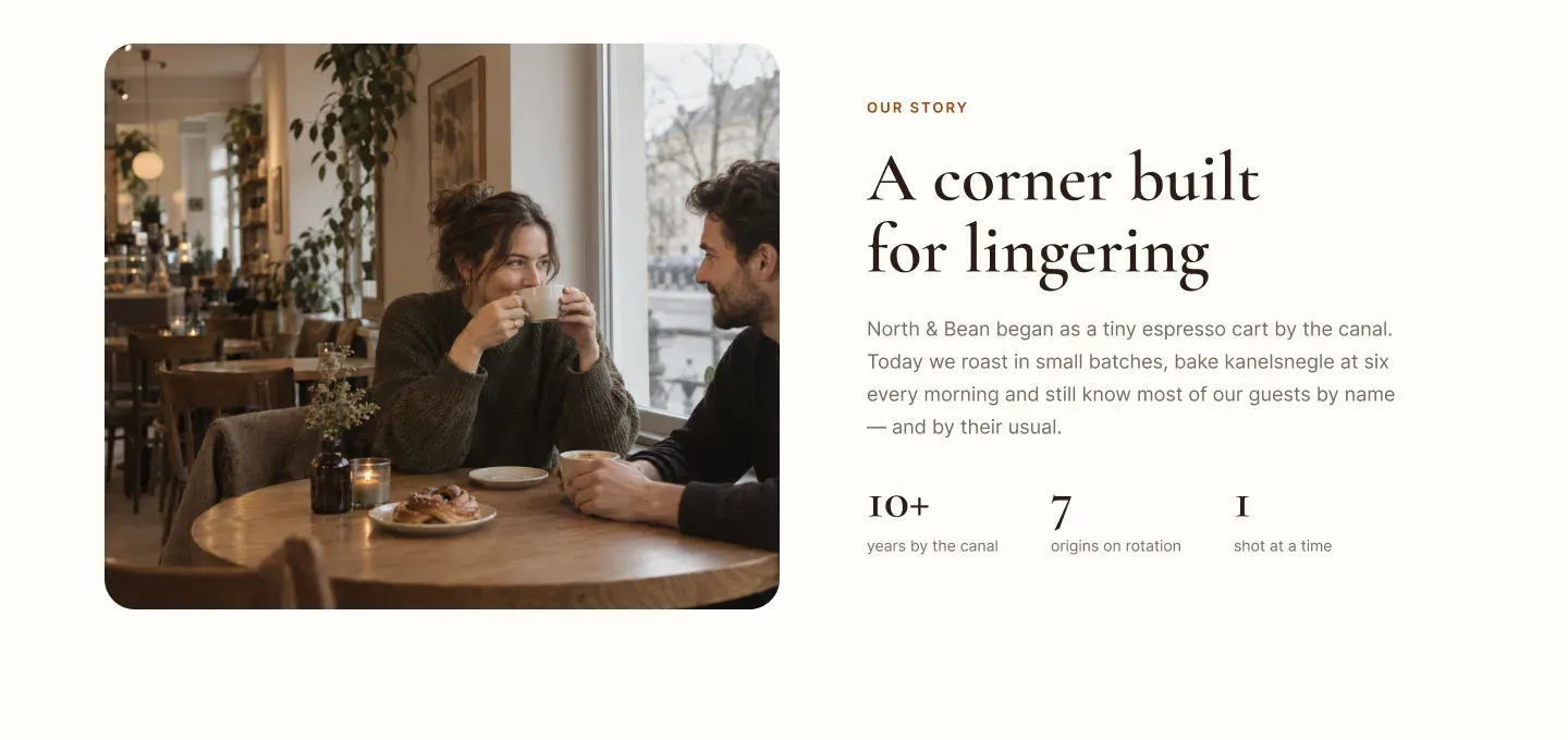 Our story: a couple at a café table beside the café story