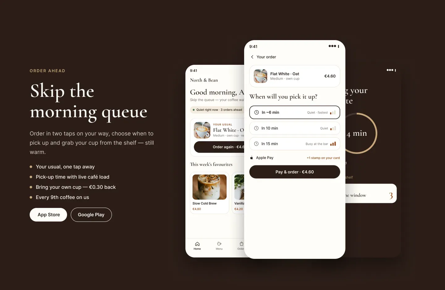 Order ahead: home, pickup time and order status screens