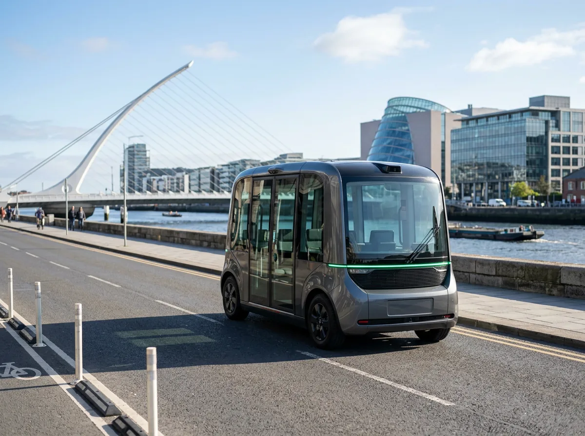 Aura Ride driverless taxi on the Dublin quays by the Samuel Beckett Bridge