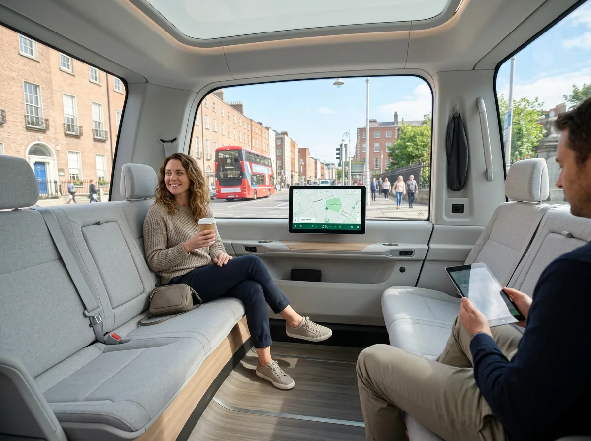 Bright cabin with no steering wheel and a calm ride display