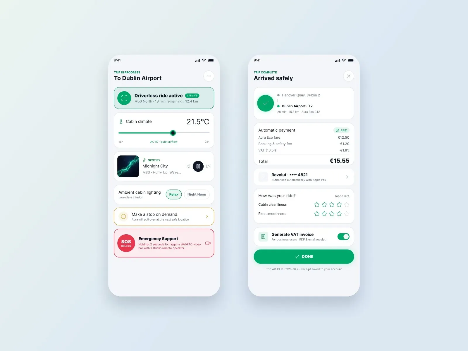 App screens: in-ride controls and automatic payment