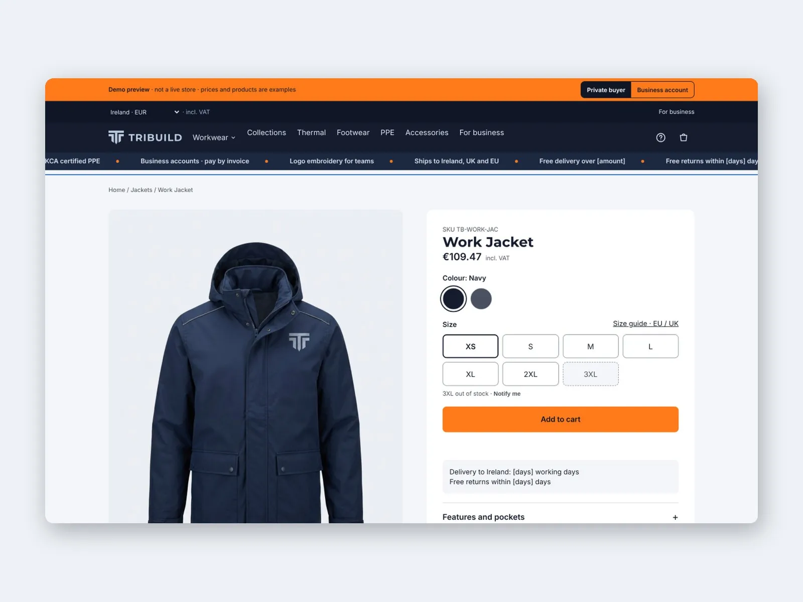Product page: work jacket with colour, size buttons, stock per size and Add to cart
