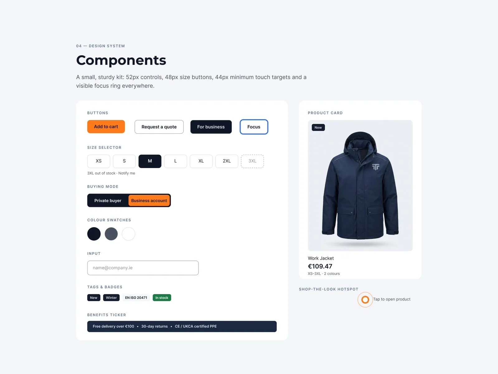 Components: buttons, size selector, buying-mode toggle, swatches, badges, ticker and product card